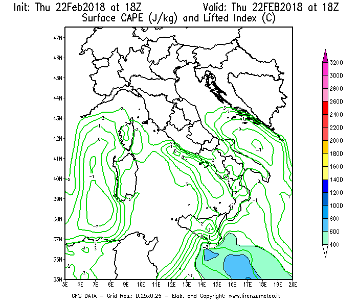 Mappa di analisi GFS - CAPE [J/kg] e Lifted Index [°C] in Italia
							del 22/02/2018 18 <!--googleoff: index-->UTC<!--googleon: index-->