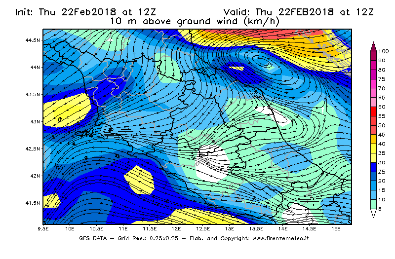 Mappa di analisi GFS - Velocità del vento a 10 metri dal suolo [km/h] in Centro-Italia
							del 22/02/2018 12 <!--googleoff: index-->UTC<!--googleon: index-->