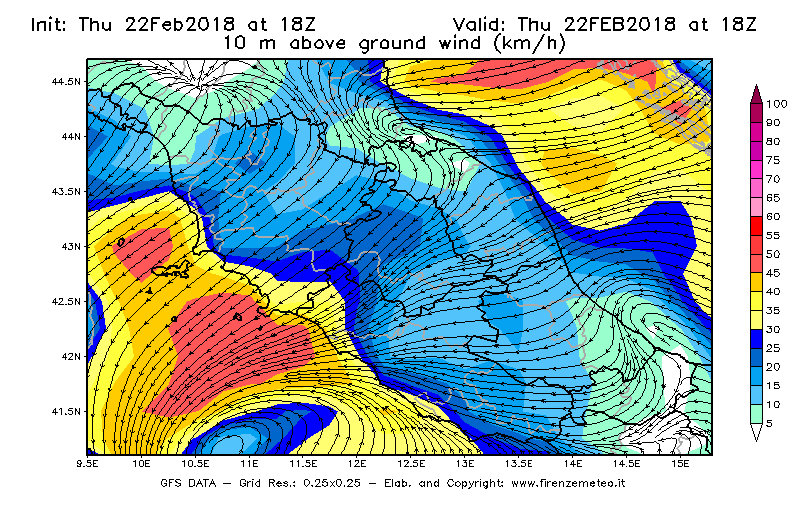 Mappa di analisi GFS - Velocità del vento a 10 metri dal suolo [km/h] in Centro-Italia
							del 22/02/2018 18 <!--googleoff: index-->UTC<!--googleon: index-->
