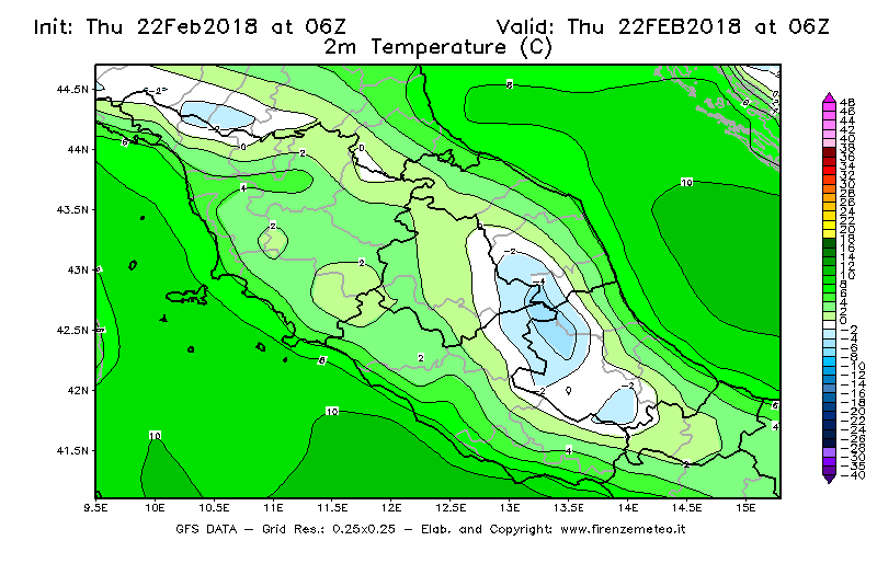 Mappa di analisi GFS - Temperatura a 2 metri dal suolo [°C] in Centro-Italia
							del 22/02/2018 06 <!--googleoff: index-->UTC<!--googleon: index-->