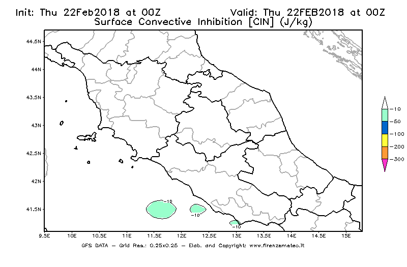 Mappa di analisi GFS - CIN [J/kg] in Centro-Italia
							del 22/02/2018 00 <!--googleoff: index-->UTC<!--googleon: index-->