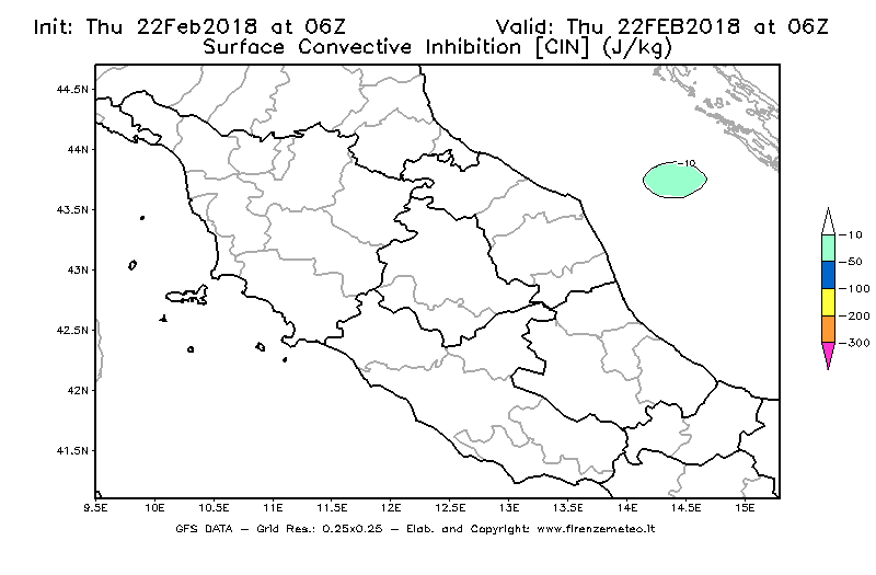 Mappa di analisi GFS - CIN [J/kg] in Centro-Italia
							del 22/02/2018 06 <!--googleoff: index-->UTC<!--googleon: index-->