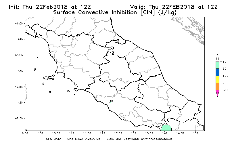 Mappa di analisi GFS - CIN [J/kg] in Centro-Italia
							del 22/02/2018 12 <!--googleoff: index-->UTC<!--googleon: index-->