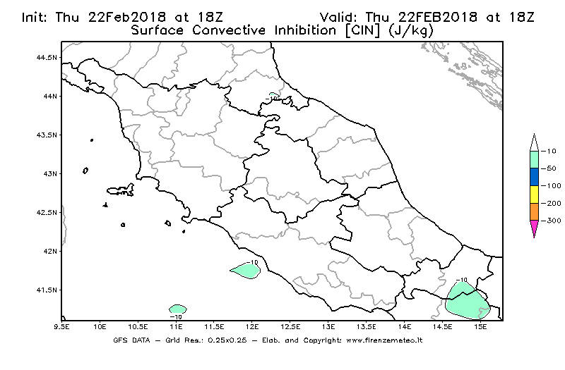 Mappa di analisi GFS - CIN [J/kg] in Centro-Italia
							del 22/02/2018 18 <!--googleoff: index-->UTC<!--googleon: index-->
