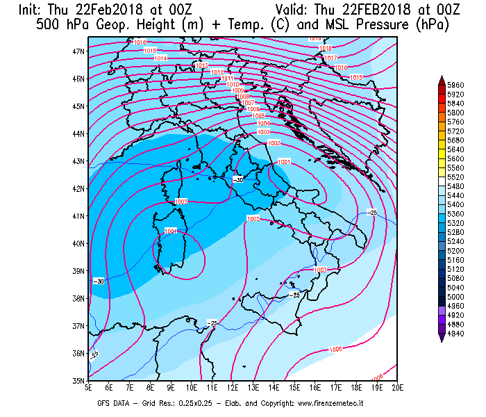Mappa di analisi GFS - Geopotenziale [m] + Temp. [°C] a 500 hPa + Press. a livello del mare [hPa] in Italia
							del 22/02/2018 00 <!--googleoff: index-->UTC<!--googleon: index-->