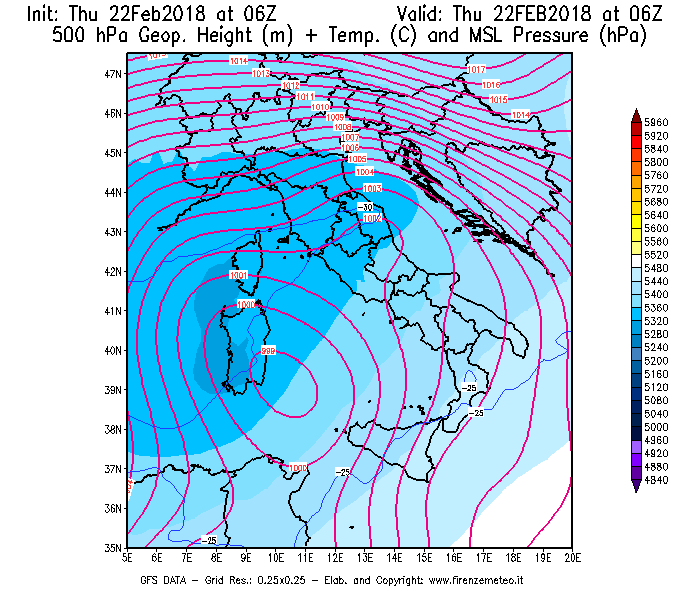 Mappa di analisi GFS - Geopotenziale [m] + Temp. [°C] a 500 hPa + Press. a livello del mare [hPa] in Italia
							del 22/02/2018 06 <!--googleoff: index-->UTC<!--googleon: index-->