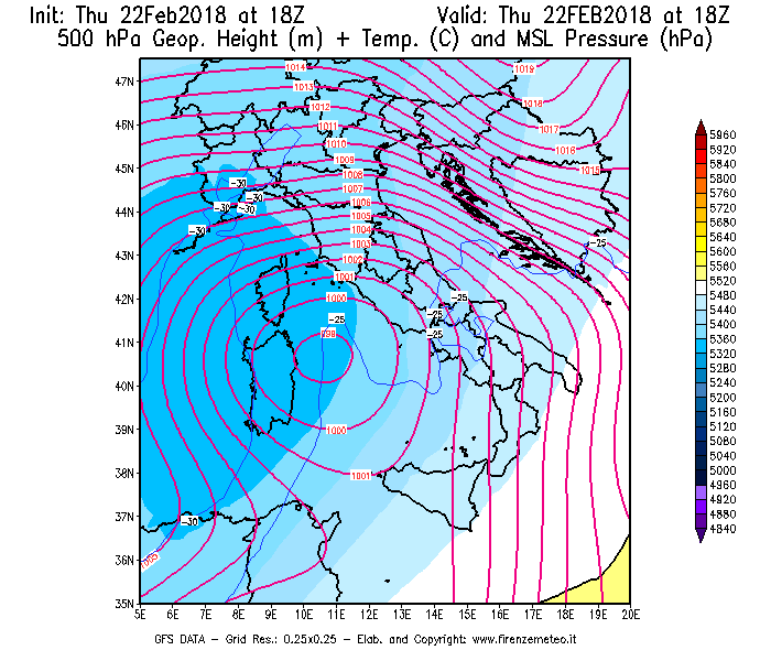Mappa di analisi GFS - Geopotenziale [m] + Temp. [°C] a 500 hPa + Press. a livello del mare [hPa] in Italia
							del 22/02/2018 18 <!--googleoff: index-->UTC<!--googleon: index-->