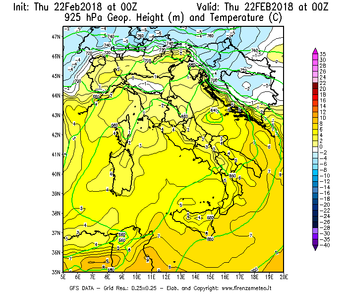 Mappa di analisi GFS - Geopotenziale [m] e Temperatura [°C] a 925 hPa in Italia
							del 22/02/2018 00 <!--googleoff: index-->UTC<!--googleon: index-->