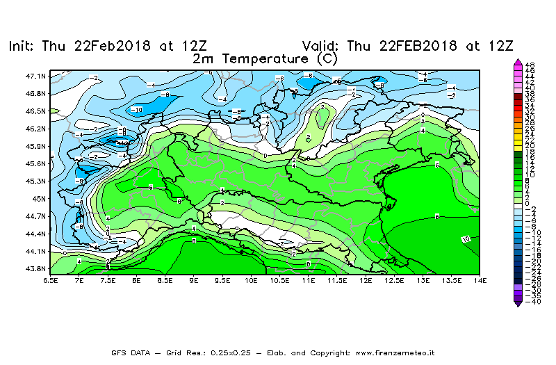 Mappa di analisi GFS - Temperatura a 2 metri dal suolo [°C] in Nord-Italia
							del 22/02/2018 12 <!--googleoff: index-->UTC<!--googleon: index-->