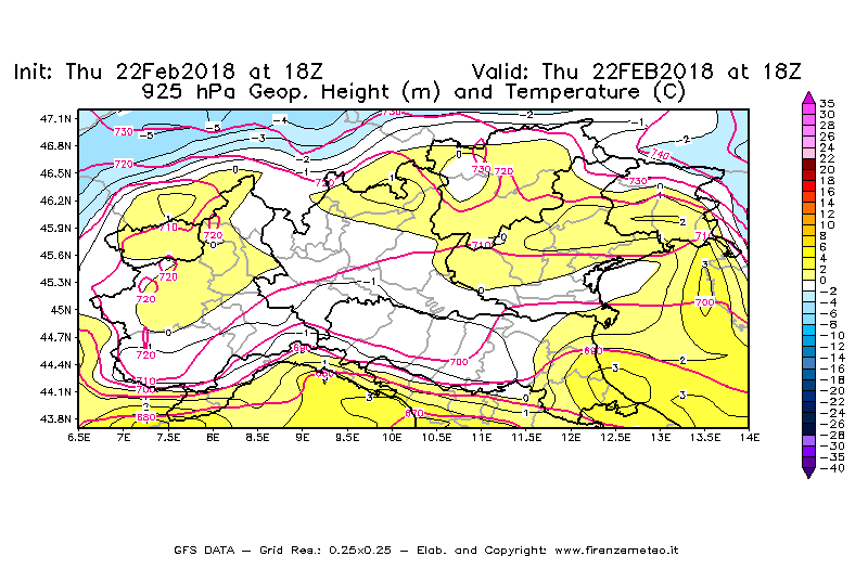 Mappa di analisi GFS - Geopotenziale [m] e Temperatura [°C] a 925 hPa in Nord-Italia
							del 22/02/2018 18 <!--googleoff: index-->UTC<!--googleon: index-->