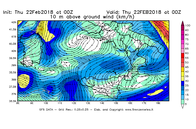 Mappa di analisi GFS - Velocità del vento a 10 metri dal suolo [km/h] in Sud-Italia
							del 22/02/2018 00 <!--googleoff: index-->UTC<!--googleon: index-->