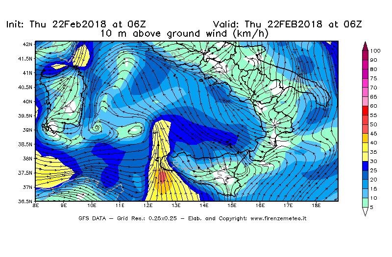 Mappa di analisi GFS - Velocità del vento a 10 metri dal suolo [km/h] in Sud-Italia
							del 22/02/2018 06 <!--googleoff: index-->UTC<!--googleon: index-->