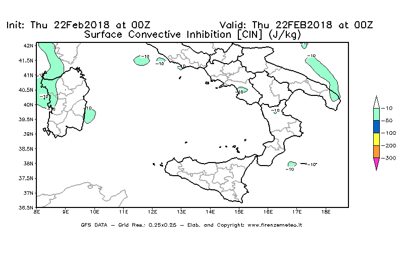 Mappa di analisi GFS - CIN [J/kg] in Sud-Italia
							del 22/02/2018 00 <!--googleoff: index-->UTC<!--googleon: index-->