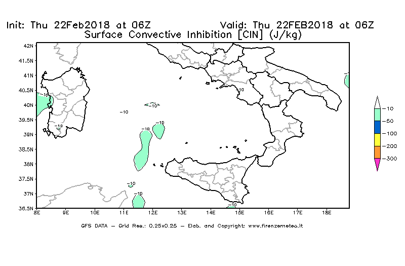 Mappa di analisi GFS - CIN [J/kg] in Sud-Italia
							del 22/02/2018 06 <!--googleoff: index-->UTC<!--googleon: index-->