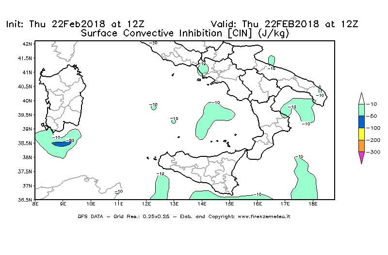 Mappa di analisi GFS - CIN [J/kg] in Sud-Italia
							del 22/02/2018 12 <!--googleoff: index-->UTC<!--googleon: index-->