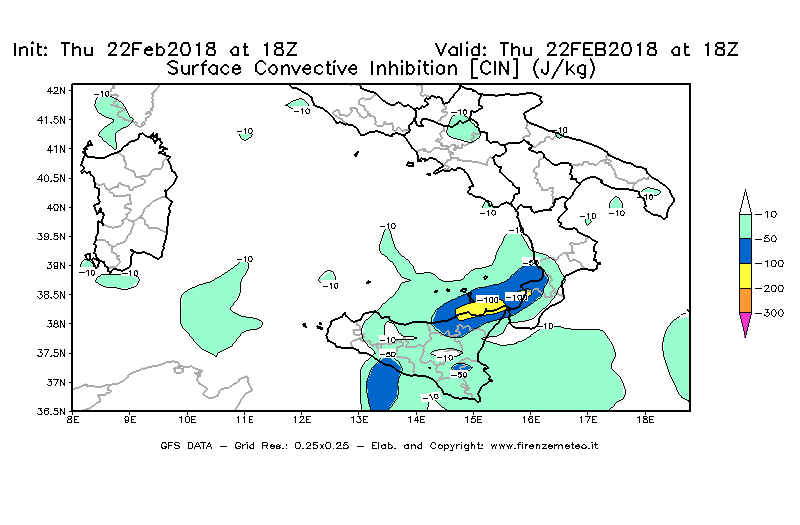 Mappa di analisi GFS - CIN [J/kg] in Sud-Italia
							del 22/02/2018 18 <!--googleoff: index-->UTC<!--googleon: index-->