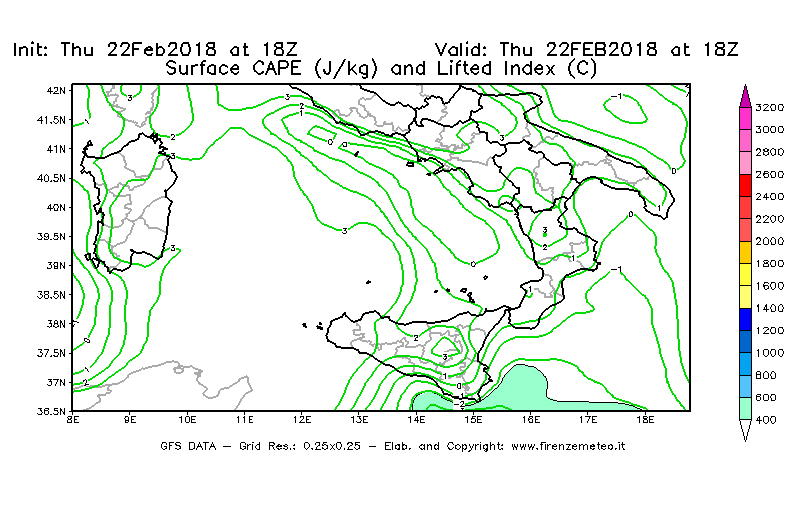 Mappa di analisi GFS - CAPE [J/kg] e Lifted Index [°C] in Sud-Italia
							del 22/02/2018 18 <!--googleoff: index-->UTC<!--googleon: index-->