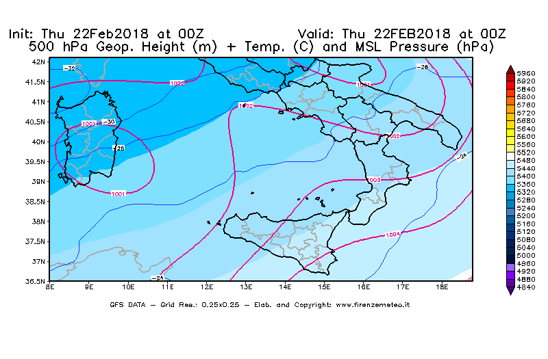 Mappa di analisi GFS - Geopotenziale [m] + Temp. [°C] a 500 hPa + Press. a livello del mare [hPa] in Sud-Italia
							del 22/02/2018 00 <!--googleoff: index-->UTC<!--googleon: index-->