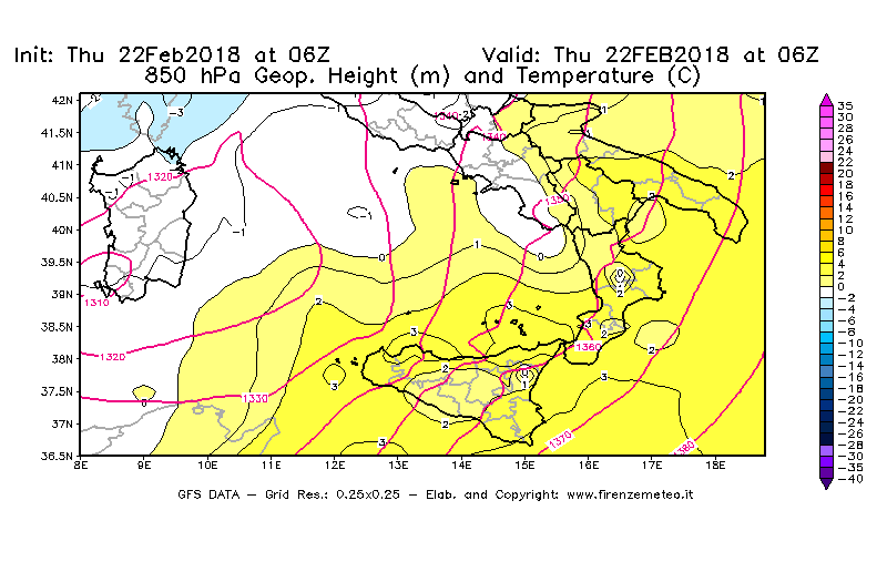 Mappa di analisi GFS - Geopotenziale [m] e Temperatura [°C] a 850 hPa in Sud-Italia
							del 22/02/2018 06 <!--googleoff: index-->UTC<!--googleon: index-->