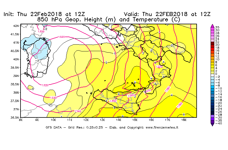 Mappa di analisi GFS - Geopotenziale [m] e Temperatura [°C] a 850 hPa in Sud-Italia
							del 22/02/2018 12 <!--googleoff: index-->UTC<!--googleon: index-->