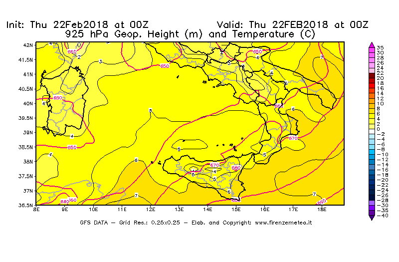 Mappa di analisi GFS - Geopotenziale [m] e Temperatura [°C] a 925 hPa in Sud-Italia
							del 22/02/2018 00 <!--googleoff: index-->UTC<!--googleon: index-->