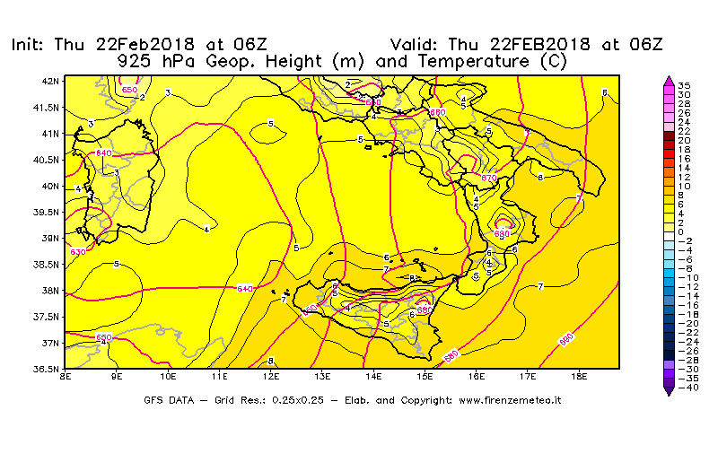 Mappa di analisi GFS - Geopotenziale [m] e Temperatura [°C] a 925 hPa in Sud-Italia
							del 22/02/2018 06 <!--googleoff: index-->UTC<!--googleon: index-->