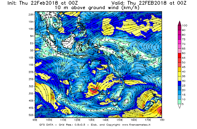 Mappa di analisi GFS - Velocità del vento a 10 metri dal suolo [km/h] in Oceania
							del 22/02/2018 00 <!--googleoff: index-->UTC<!--googleon: index-->