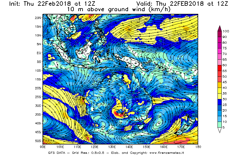 Mappa di analisi GFS - Velocità del vento a 10 metri dal suolo [km/h] in Oceania
							del 22/02/2018 12 <!--googleoff: index-->UTC<!--googleon: index-->