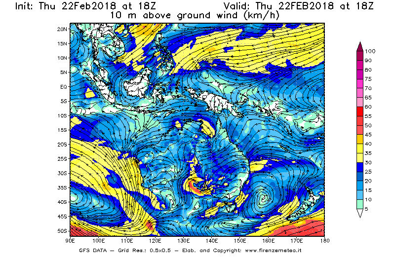 Mappa di analisi GFS - Velocità del vento a 10 metri dal suolo [km/h] in Oceania
							del 22/02/2018 18 <!--googleoff: index-->UTC<!--googleon: index-->