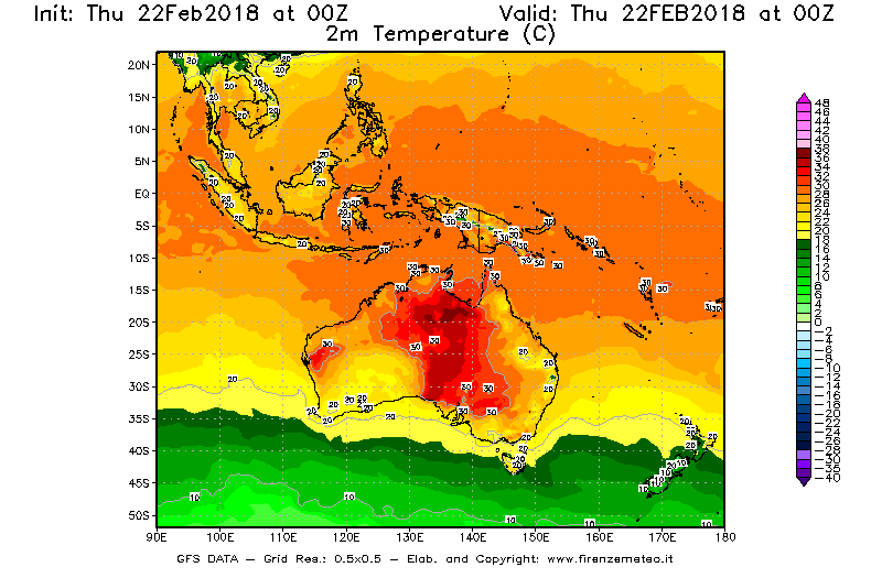 Mappa di analisi GFS - Temperatura a 2 metri dal suolo [°C] in Oceania
							del 22/02/2018 00 <!--googleoff: index-->UTC<!--googleon: index-->