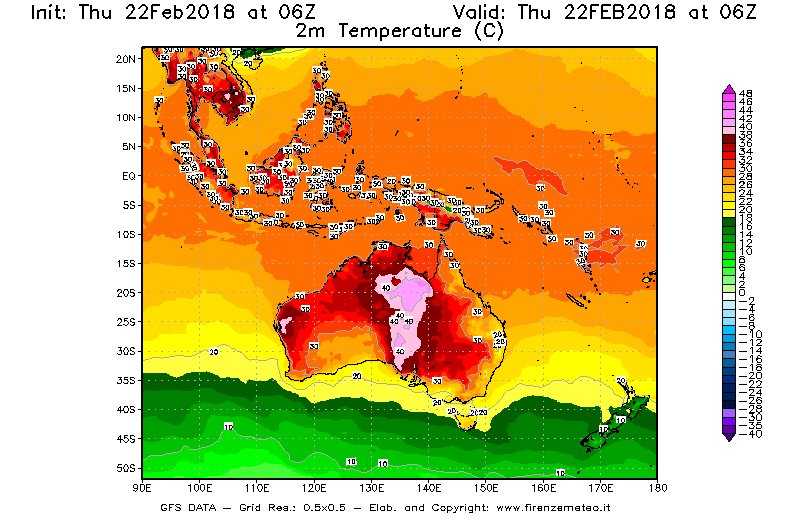 Mappa di analisi GFS - Temperatura a 2 metri dal suolo [°C] in Oceania
							del 22/02/2018 06 <!--googleoff: index-->UTC<!--googleon: index-->