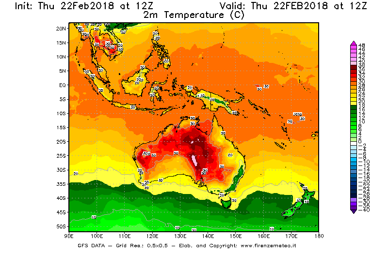 Mappa di analisi GFS - Temperatura a 2 metri dal suolo [°C] in Oceania
							del 22/02/2018 12 <!--googleoff: index-->UTC<!--googleon: index-->