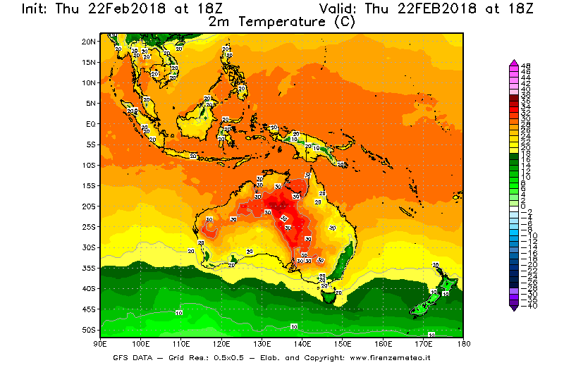 Mappa di analisi GFS - Temperatura a 2 metri dal suolo [°C] in Oceania
							del 22/02/2018 18 <!--googleoff: index-->UTC<!--googleon: index-->