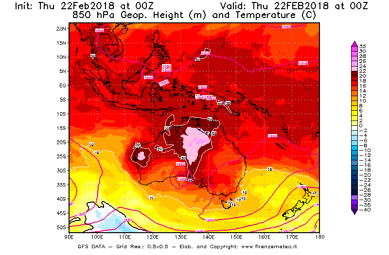 Mappa di analisi GFS - Geopotenziale [m] e Temperatura [°C] a 850 hPa in Oceania
							del 22/02/2018 00 <!--googleoff: index-->UTC<!--googleon: index-->