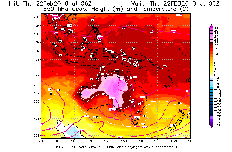 Mappa di analisi GFS - Geopotenziale [m] e Temperatura [°C] a 850 hPa in Oceania
							del 22/02/2018 06 <!--googleoff: index-->UTC<!--googleon: index-->