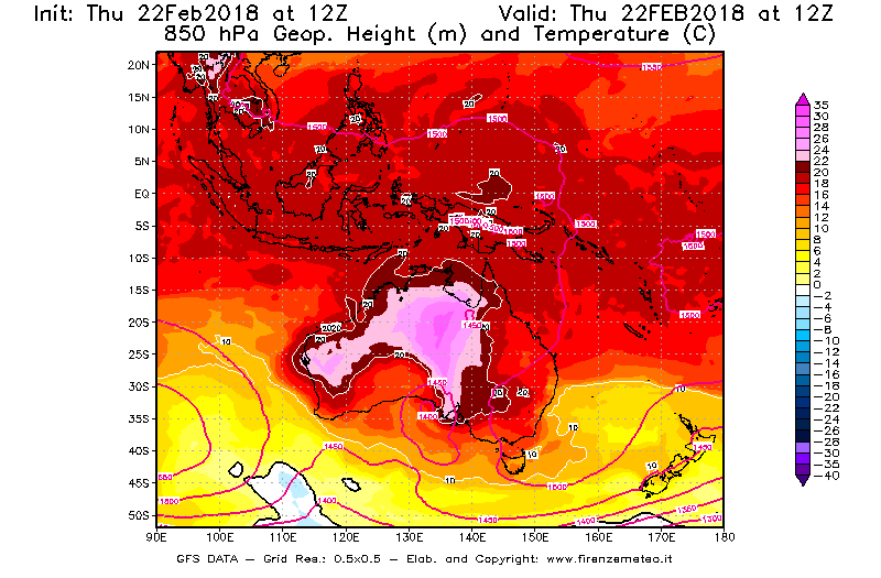 Mappa di analisi GFS - Geopotenziale [m] e Temperatura [°C] a 850 hPa in Oceania
							del 22/02/2018 12 <!--googleoff: index-->UTC<!--googleon: index-->