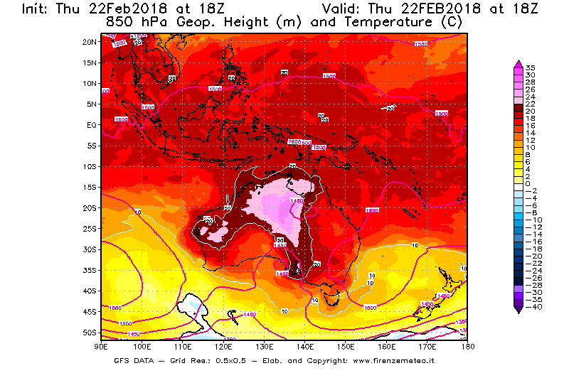 Mappa di analisi GFS - Geopotenziale [m] e Temperatura [°C] a 850 hPa in Oceania
							del 22/02/2018 18 <!--googleoff: index-->UTC<!--googleon: index-->