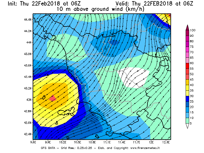 Mappa di analisi GFS - Velocità del vento a 10 metri dal suolo [km/h] in Toscana
							del 22/02/2018 06 <!--googleoff: index-->UTC<!--googleon: index-->