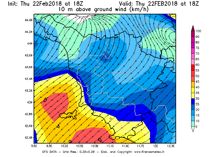 Mappa di analisi GFS - Velocità del vento a 10 metri dal suolo [km/h] in Toscana
							del 22/02/2018 18 <!--googleoff: index-->UTC<!--googleon: index-->