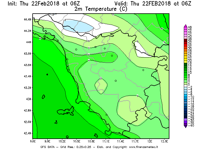 Mappa di analisi GFS - Temperatura a 2 metri dal suolo [°C] in Toscana
							del 22/02/2018 06 <!--googleoff: index-->UTC<!--googleon: index-->