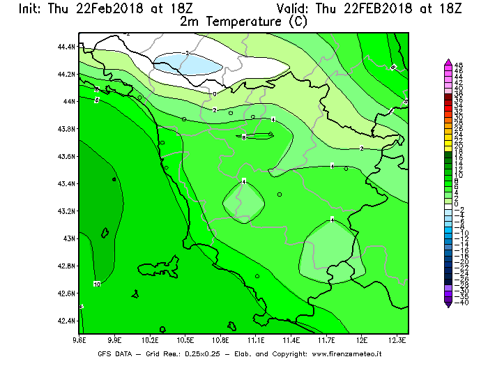 Mappa di analisi GFS - Temperatura a 2 metri dal suolo [°C] in Toscana
							del 22/02/2018 18 <!--googleoff: index-->UTC<!--googleon: index-->