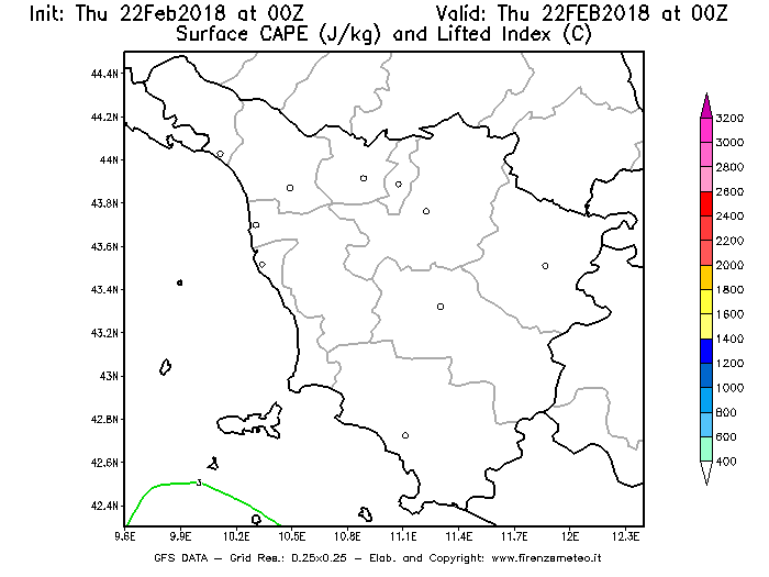 Mappa di analisi GFS - CAPE [J/kg] e Lifted Index [°C] in Toscana
							del 22/02/2018 00 <!--googleoff: index-->UTC<!--googleon: index-->