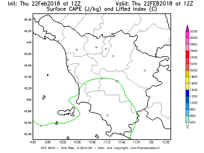 Mappa di analisi GFS - CAPE [J/kg] e Lifted Index [°C] in Toscana
							del 22/02/2018 12 <!--googleoff: index-->UTC<!--googleon: index-->
