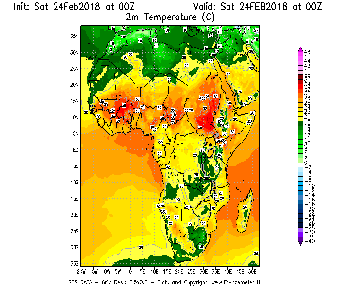 Mappa di analisi GFS - Temperatura a 2 metri dal suolo [°C] in Africa
							del 24/02/2018 00 <!--googleoff: index-->UTC<!--googleon: index-->