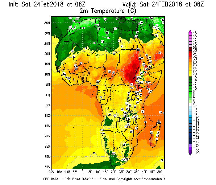 Mappa di analisi GFS - Temperatura a 2 metri dal suolo [°C] in Africa
							del 24/02/2018 06 <!--googleoff: index-->UTC<!--googleon: index-->