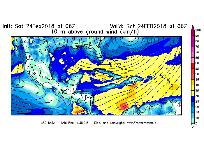 Mappa di analisi GFS - Velocità del vento a 10 metri dal suolo [km/h] in Centro-America
							del 24/02/2018 06 <!--googleoff: index-->UTC<!--googleon: index-->