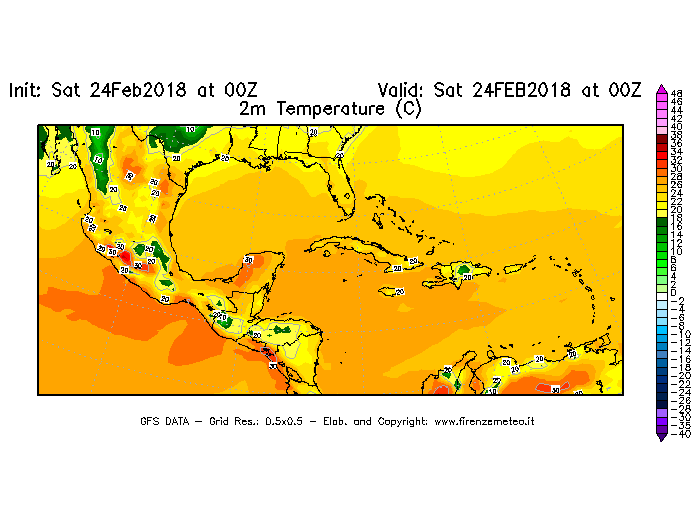 Mappa di analisi GFS - Temperatura a 2 metri dal suolo [°C] in Centro-America
							del 24/02/2018 00 <!--googleoff: index-->UTC<!--googleon: index-->