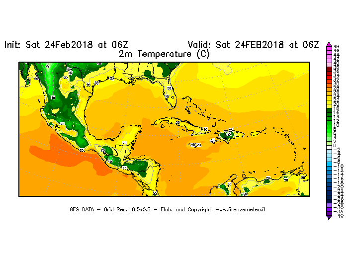 Mappa di analisi GFS - Temperatura a 2 metri dal suolo [°C] in Centro-America
							del 24/02/2018 06 <!--googleoff: index-->UTC<!--googleon: index-->