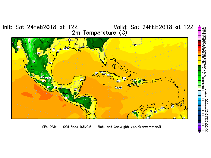 Mappa di analisi GFS - Temperatura a 2 metri dal suolo [°C] in Centro-America
							del 24/02/2018 12 <!--googleoff: index-->UTC<!--googleon: index-->