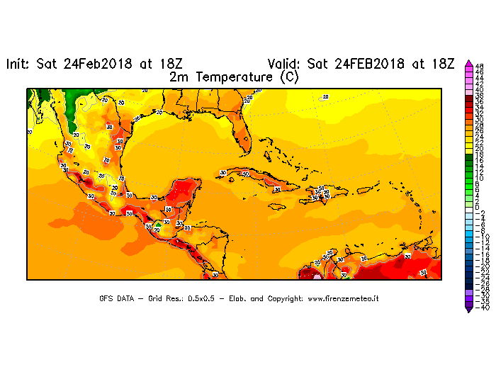 Mappa di analisi GFS - Temperatura a 2 metri dal suolo [°C] in Centro-America
							del 24/02/2018 18 <!--googleoff: index-->UTC<!--googleon: index-->